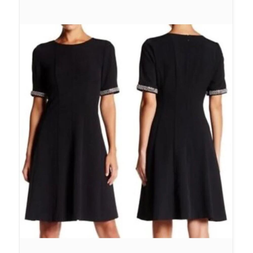 Eliza J Black Fit & Flare Short Sleeve Dress w/ Embellished Sleeves Size 10